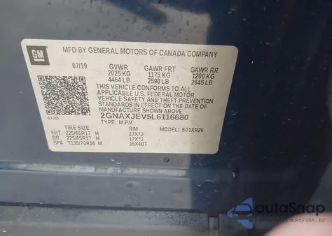 2020 Chevrolet Equinox Fwd 2Fl z USA, uszkodzony, nr VIN 2GNAXJEV5L6116680